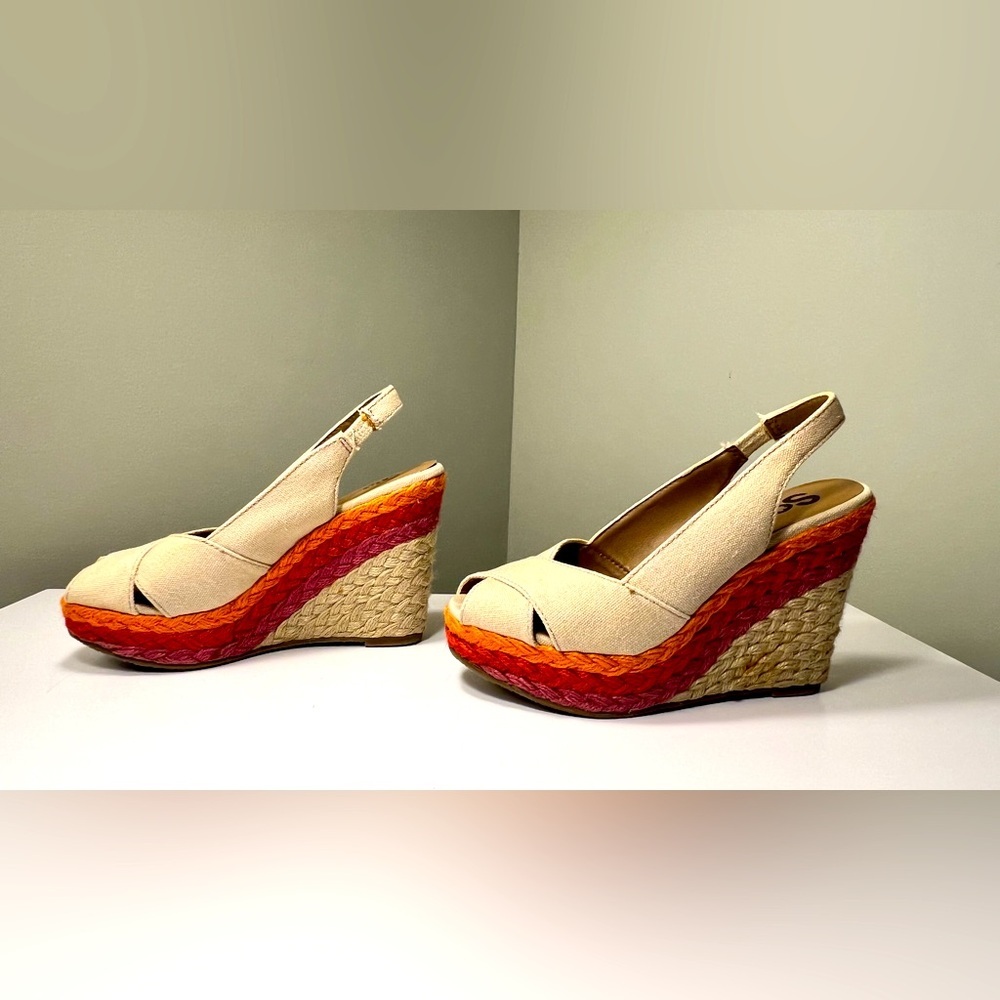 SO Beige Wedges with Orange and Purple Accents